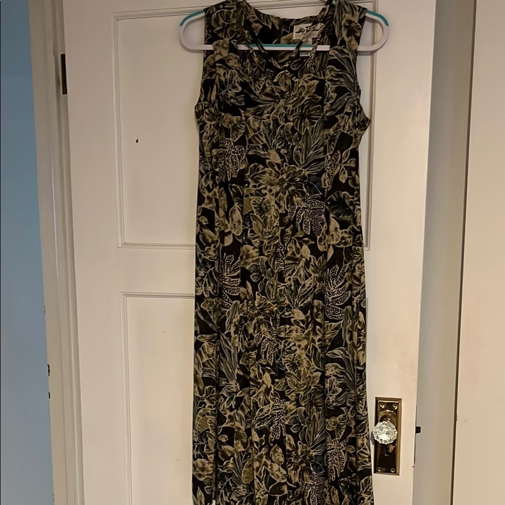 Sleeveless Alex Taylor dress in various shades of green.